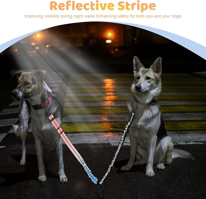 Double Dog Leash for Two Dogs - Gradient Color No Tangle Swivel Dog Coupler with Heavy Duty Clip, Size Adjustable Bungee Leash Attachment for Small, Medium, Large 2 Dogs, Style 2