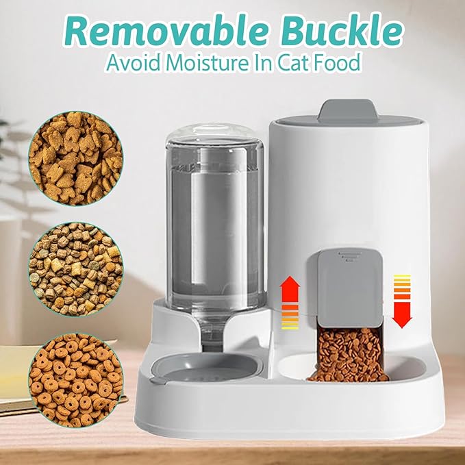 Gravity Cat Feeder and Water Dispenser, 2 in 1 Automatic Pet Waterer Detachable Food Bowls Set Pet Food Storage for Small Cat Kitten Dog Puppy Pet Easy Clean (Grey)