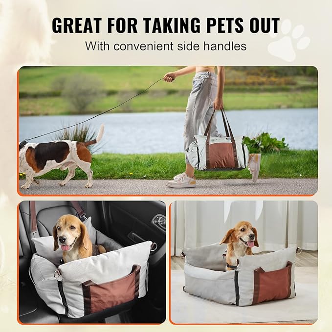 Happybuy Dog Car Seat, Waterproof Dog Booster Seat for Car with Side Handles and A Storage Pocket, Clip-On Safety Leash and PP Cotton Filling, Dog Car Bed for Small Dog up to 25lbs, Gray