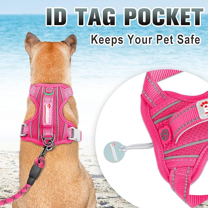 BARKBAY No Pull Dog Harness Large Reflective Dog Harness with Front Clip and Easy Control Handle for Walking Training Running with ID tag Pocket(Pink,S)