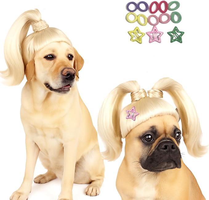 Blond Long Hair Ponytail Funny Pet Wig – DIY Haircut & Adjustable Fit – Cat & Dog Costume for Halloween, Party, Photo Shoots – 3D Natural Look – Fits 5kg-50kg Pets