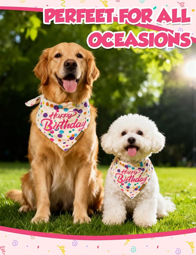 Dog Birthday Bandana, Luxury Handmade Double-Layer Pet Bandana for Small Medium Large Dogs, Silk-Soft Polyester Neck Gaiter for Puppy Birthday Party (Happy Birthday, Large)