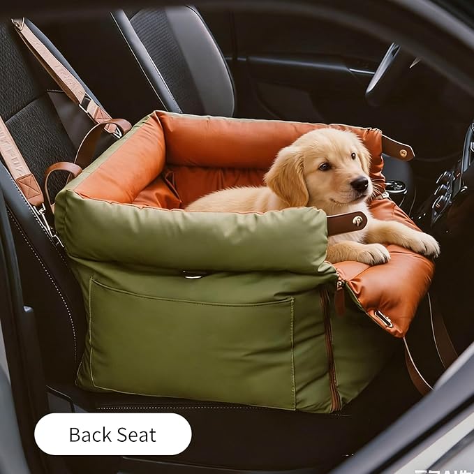 Dog Booster Car Seat, Waterproof PU Leather Upholstered Cat Bed for Car with Storage Pockets, Portable Pet Seat, Bite-Resistant, Perfect for Travel and Home