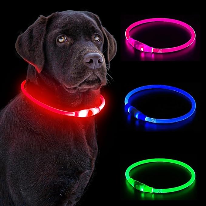 LED Dog Collar, Waterproof Light Up Dog Collar Rechargeable, Dog Safety Necklace for Night Walking, Adjustable Cut-to-Fit Silicone Collar Small Medium Large Dog 27.5” Cuttable (Red)