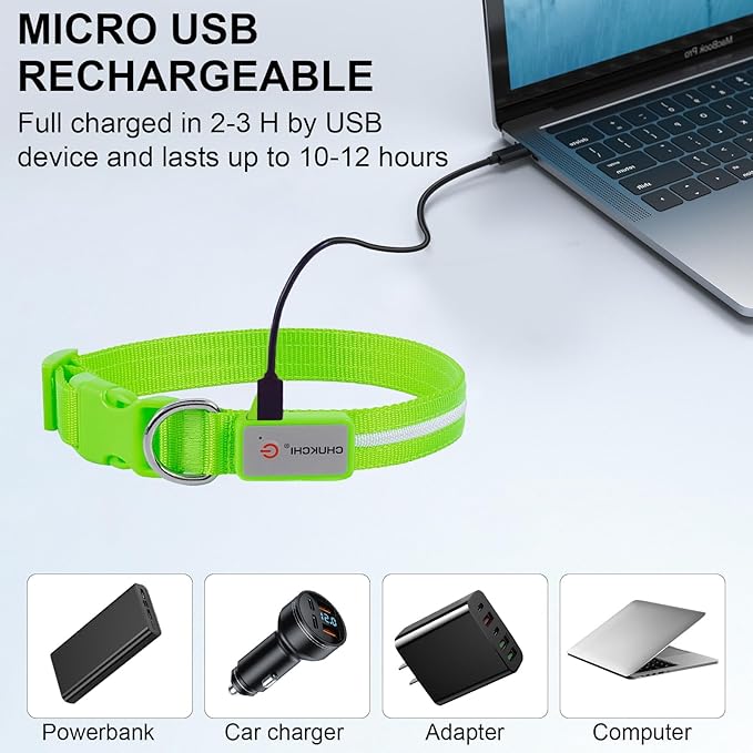 CHUKCHI LED Dog Collar Rechargeable,Waterproof Flashing Collar,Light Up Glow Collar, Adjustable Soft Safety Light Up for Small Medium Large Dogs Walking Camping at Night (Green-L)