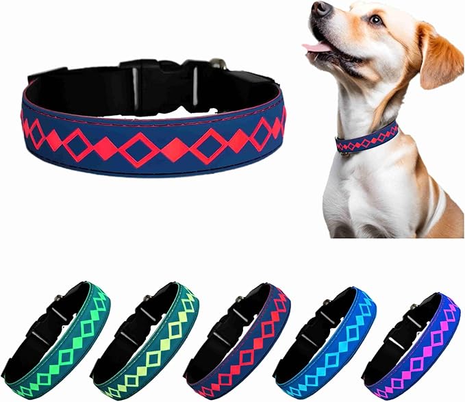 Personalized Flashing Night Dog Collar with Waterproof airtag Holder for Black Dog Night Walking (Blue, L(15.7-19.7"))