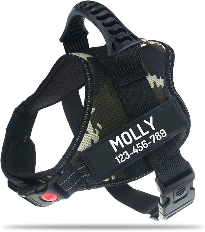 Personalized No Pull Dog Harness with Custom Name and Phone Number by PawPawify, Heavy Duty Pet Vest to Prevent Tugging, Pulling, or Choking, Training and Walking XXL Chest 33-46in Jungle Camo