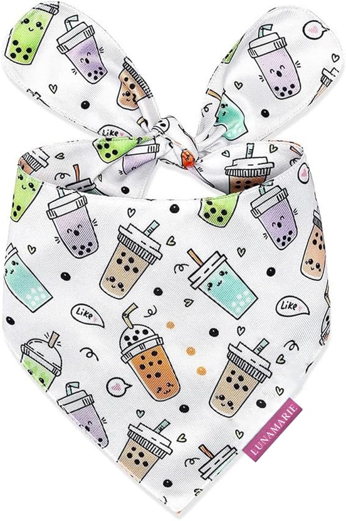 LunaMarie - Luxury Pet Birthday Bandanas -Premium & Silky Poly Fabric | 100% Handmade | Custom Shape Dual Layered (Boba, Medium)