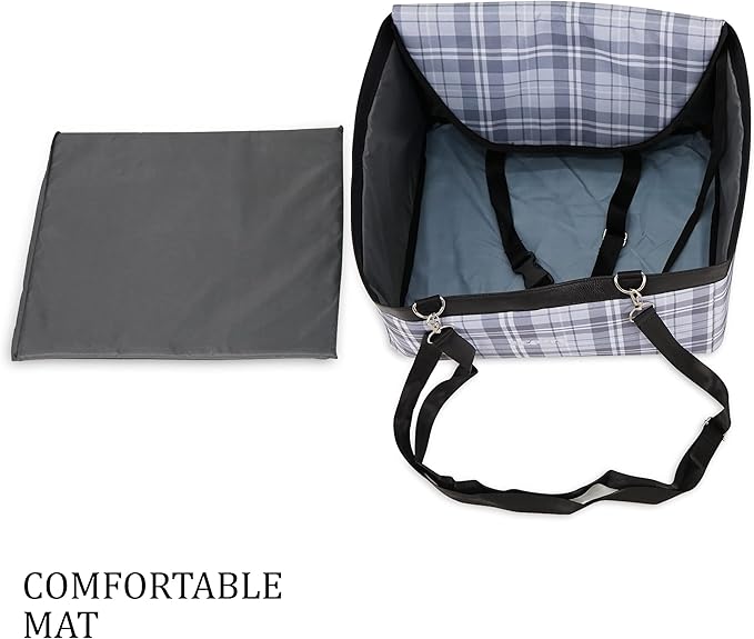 SUSSEXHOME Pets Water and Stain Proof Dog Car Seats for Small Dogs - 15.75 x 12.6 x 9.85 Inches Dog Booster Seat with Removable, Adjustable Fastening Straps - Gray-Tartan
