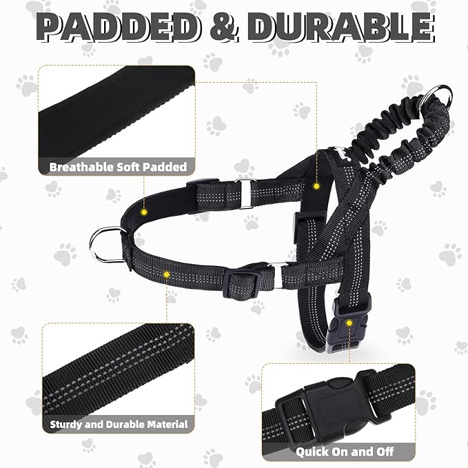 PUPTECK No Pull Dog Harness Medium Sized Dog, Adjustable Reflective Pet Vest Harness with Bungee Handle, Escape Proof No Choke Harness for Medium Dogs Walking Training, Black M