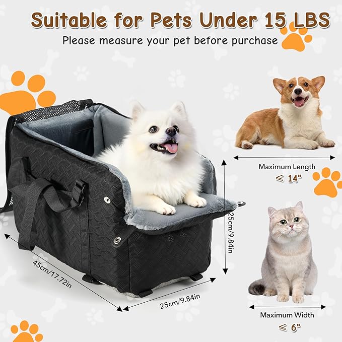 Center Console Dog Car Seat for Small Dogs Cats (Up to 15 lbs) - Washable, Foldable Pet Booster Seat with Safety Hooks, Adjustable Straps & Storage Pocket