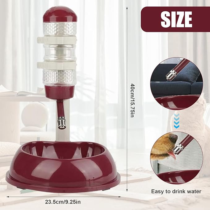 Dog Water Bottle Dispenser and Food Bowl, No-Drip Automatic Dog Water Bowl Dispenser with Adjustable Stand, Detachable Pet for and Cat, Wine Red|Feeding and Watering Supplies