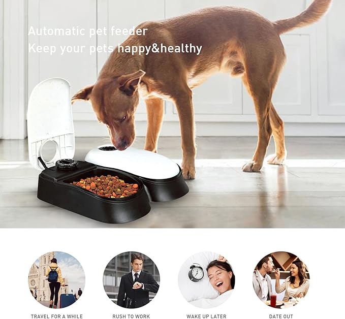2 Meal Programmable Automatic Cat Dog Feeder, Dry or Semi-Moist Pet Food Dispenser for Cats Dogs, Auto Dog Food Dispenser Slow Feed Portion Control