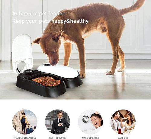 2 Meal Programmable Automatic Cat Dog Feeder, Dry or Semi-Moist Pet Food Dispenser for Cats Dogs, Auto Dog Food Dispenser Slow Feed Portion Control