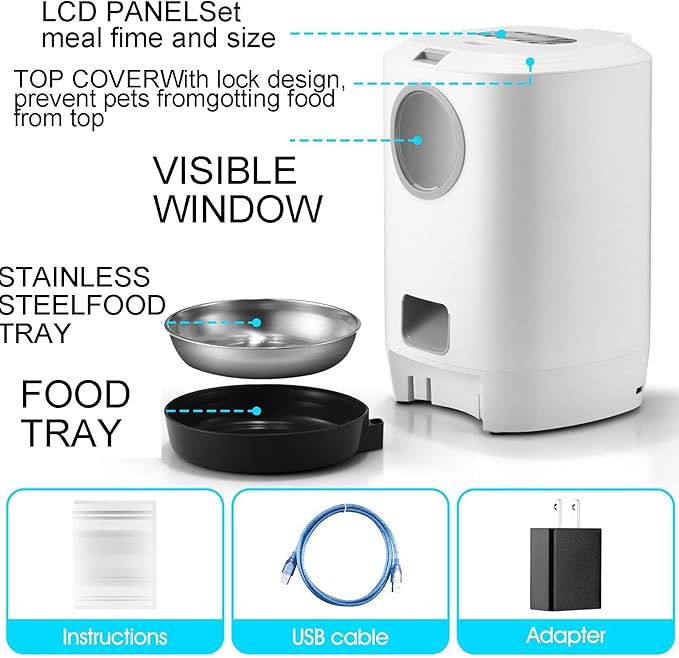 Automatic Pet Feeder with Stainless Steel Food Bowl, Dual Power Supply, Intelligent Timed Ration Feeding, Suitable for Cats and Dogs