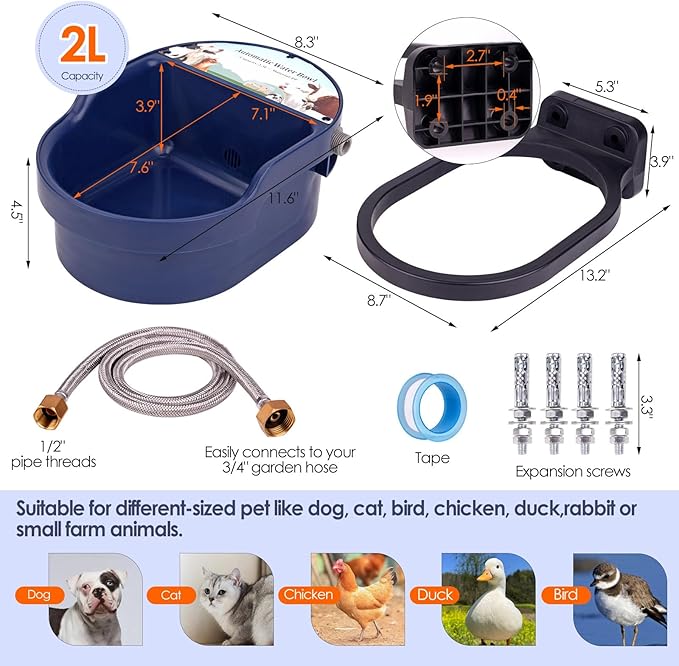 Automatic Dog Water Bowl Dispenser Wall Mounted and Freestanding, 2L Automatic Dog Water Feeder with Hose for Outdoor and Indoor Use, Pet Waterer for Dogs and Cats Bird Chicken