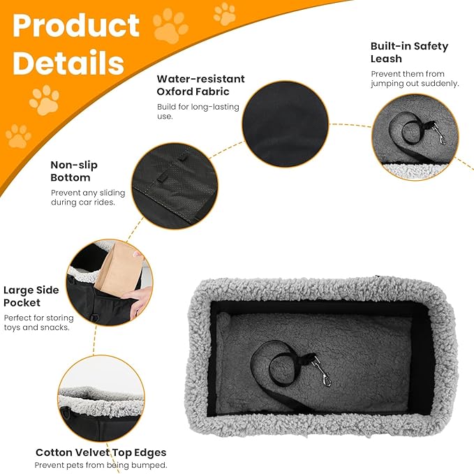 Small Dog Car Seat, Dog Car Carrier with Side Pocket Cotton Velvet Cushion, Portable Travel Pet Car Seat with Harness for Dogs Cats Up to 9LBS