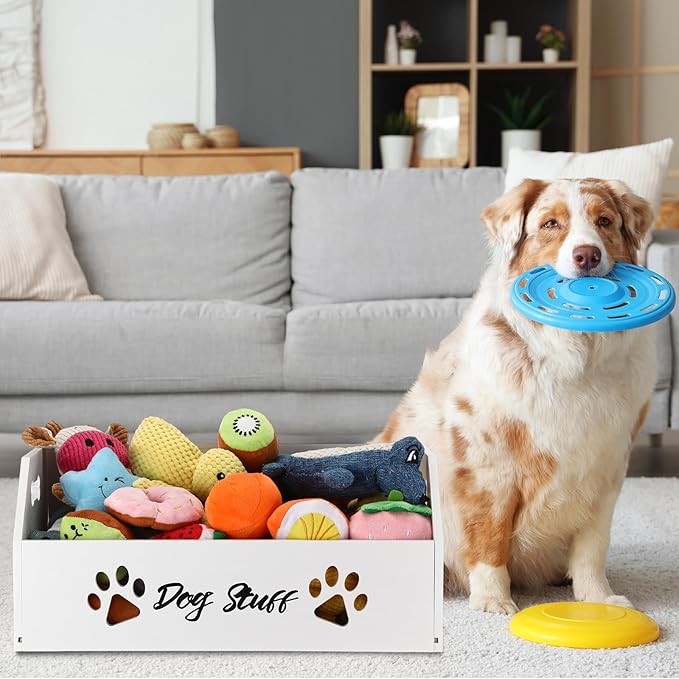 Leinuosen Large Dog Toy Bin Basket, 20 Inch Large Stuff Toy Storage Basket Bin with Bone Handle Cutout Pattern Pine Container for Organizing and Storage Dog Leash Chew Toys(White, Undivided)