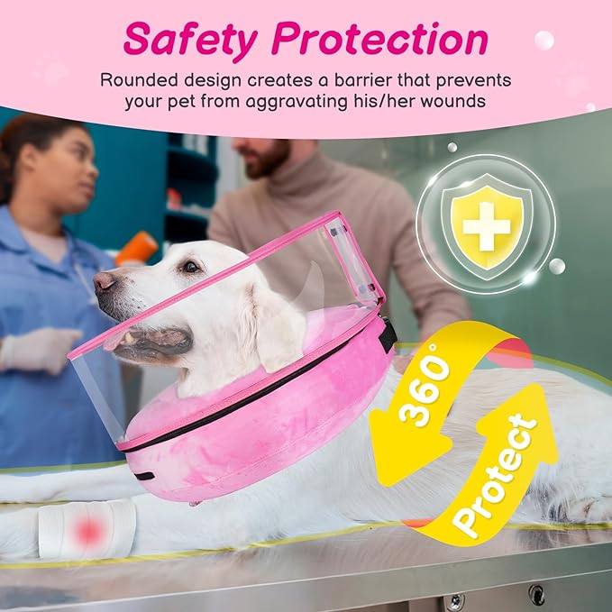 BARKLESS Inflatable Dog Cone, Protective Dog Surgery Collar to Stop Licking Biting Wounds, Patented Soft Donut Cone with Clear Shield, Adjustable Blow-up Collar for Surgery (Pink, M (Neck: 8"-11"))
