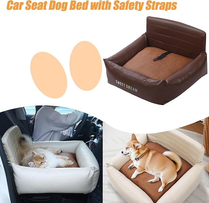 Car Seat Dog Bed with Safety Straps, Dog Car Seat for Small Dogs, Four Seasons Universal Double-Sided Rattan Mat Plush Pad, Washable Pet Booster Turn Seats (Coffee, 24.4 * 20.1 * 12.2in)