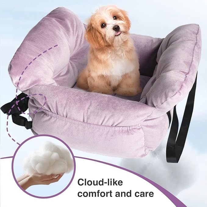Pet Car Booster Seat for Small Dogs up to 25 lbs with Safety Straps, Storage Pockets, Travel Carrier Bed with Detachable Cover, Machine Washable (Light Purple)