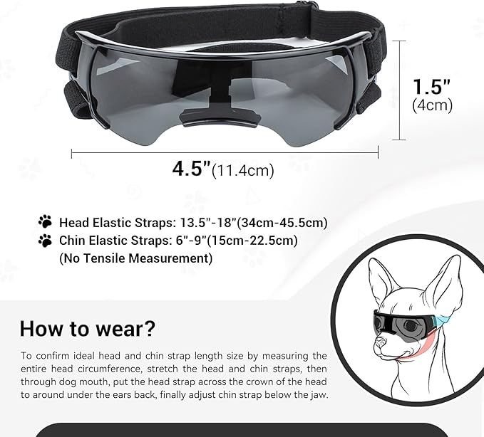 LESYPET Dog Sunglasses for Small Breed, UV Wind Dust Protection Dog Goggles for Pet Outdoor Driving Riding, Pet Glasses Eye Wear with Adjustable Strap, Black