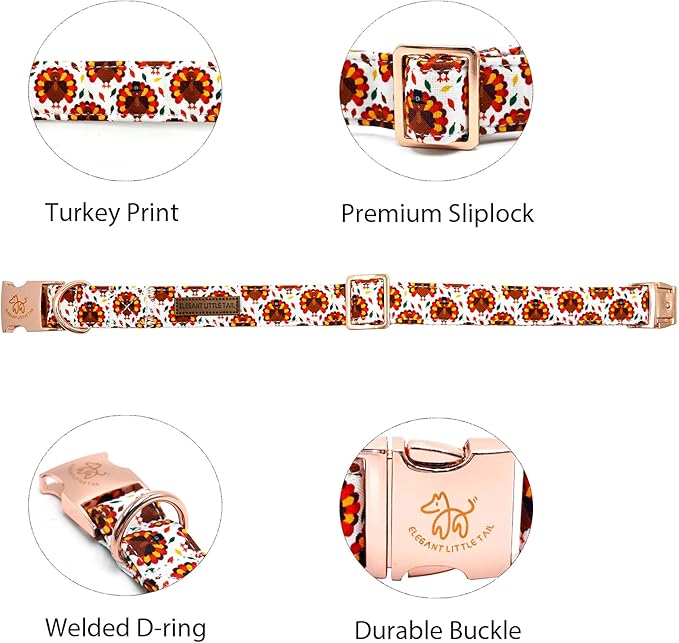 Elegant little tail Thanksgiving Dog Collar, Turkey Print Pet Collar Dog Durable Cute Dog Collars Winter Holiday Male or Female Pet Gift Adjustable Dog Collar for Medium Dogs