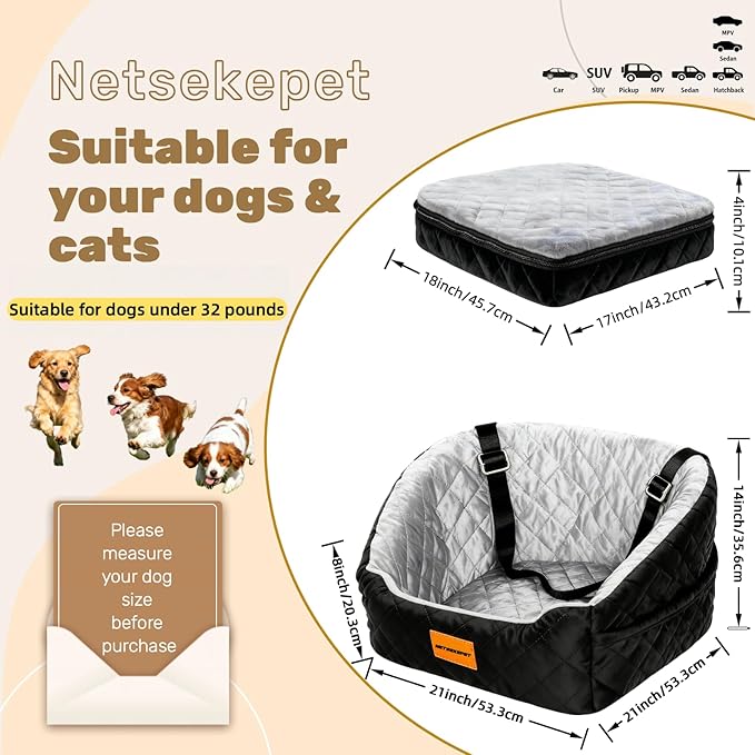 Dog Car Seat for Small Pets, Detachable Washable Pet Booster Seat Under 30lbs, Travel Bed with Storage Pockets and Dog Safety Belt (Black/Grey)