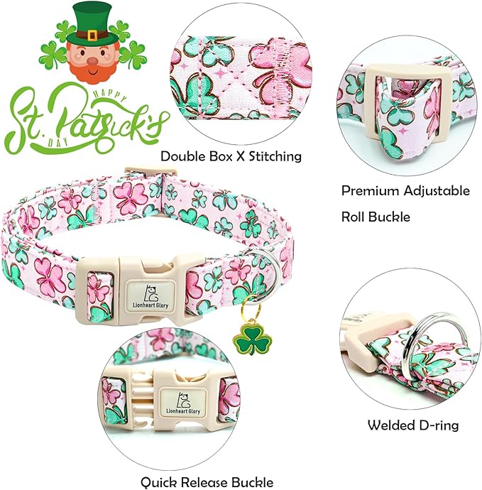 Lionheart Glory St. Patrick Dog Collar - Pink Clover Collar for Medium Dogs Spring Female Dog Collar Adjustable Heavy Duty Collar with Plastic Buckle