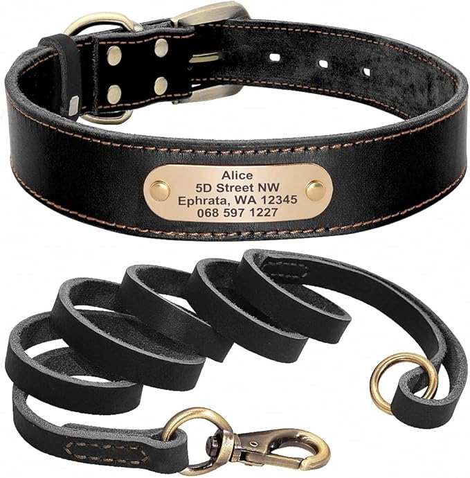 Real Leather Dog Collar Leash Set Personalized Genuine Leather Dog Pet Collars Leashes Custom for Small Medium Large Dog Pitbull Black Collar Leash S