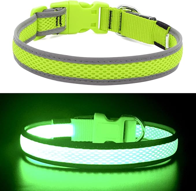 YFbrite Light up Dog Collar, USB Rechargeable LED Puppy Collar Super Bright Adjustable Glowing Dog Lights for Night Walking (Green, Large)