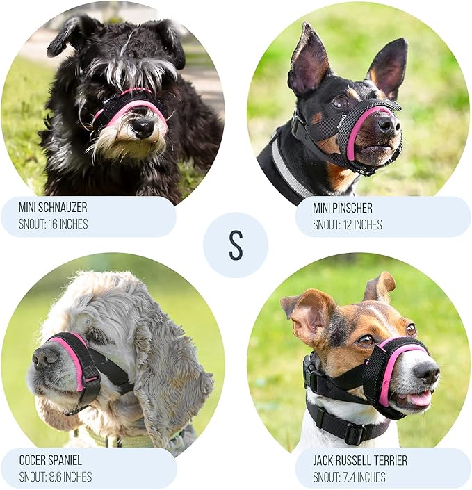 Gentle Muzzle Guard for Dogs - Prevents Biting and Unwanted Chewing Safely Secure Comfort Fit - Soft Neoprene Padding – No More Chafing – Training Guide Helps Build Bonds with Pet (S, Pink)