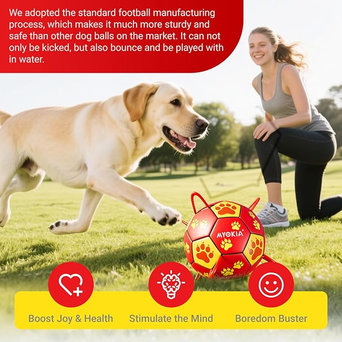 Size 3 Dog Soccer Ball with Straps Durable Training Ball for Pets Interactive Outdoor Dog Toy, Red & Yellow, Paw Prints Design, for Medium & Large Dogs' Playtime
