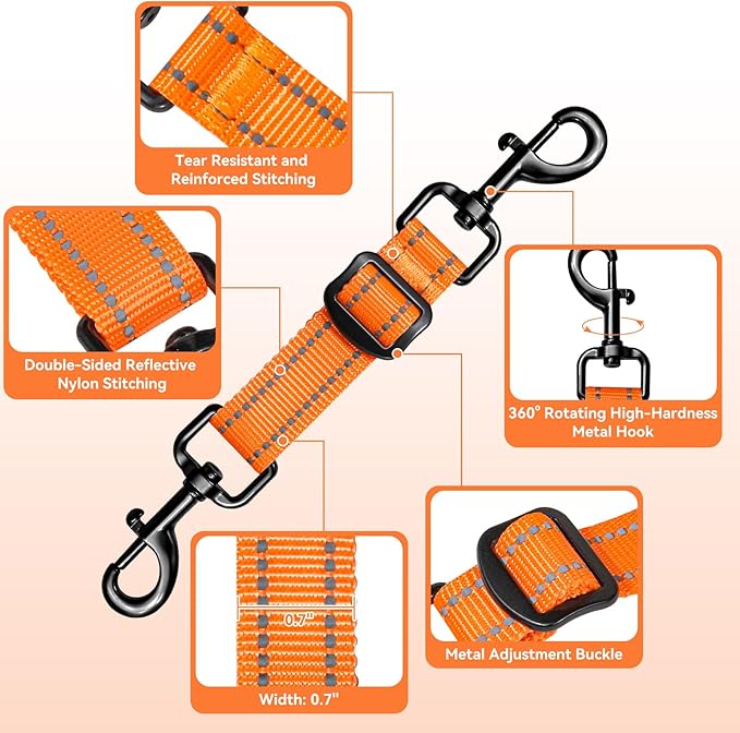 Dog Collar Safety Clip, Adjustable Backup Safety Strap, Double-Ended Leash Connector, High Reflectivity, Suitable for Dog Harnesses to Collar Safety Clips (Orange)
