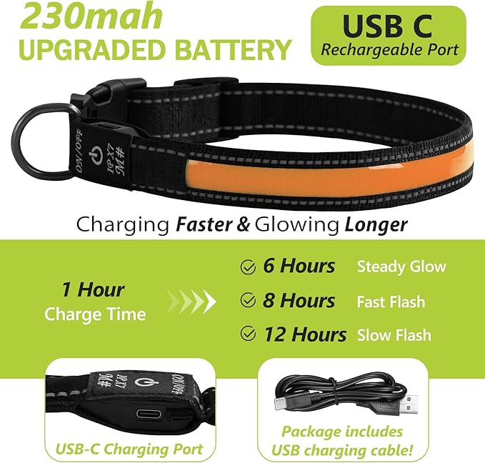 Lighted Dog Collars Rechargeable, Glow in Dark Dog Collar Waterproof, Flashing Led Dog Collars, Light Up Dog Collar for Night Walking (Orange, Pack of 1, S)