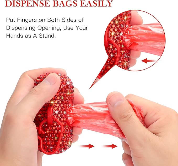 SAVORI Dog Poop Bag Holder Bling Crystal Dog Waste Bags Dispenser for Pet Dog Doggy with Carabiner Clip Includes 1 Roll 15 Bags (Red)