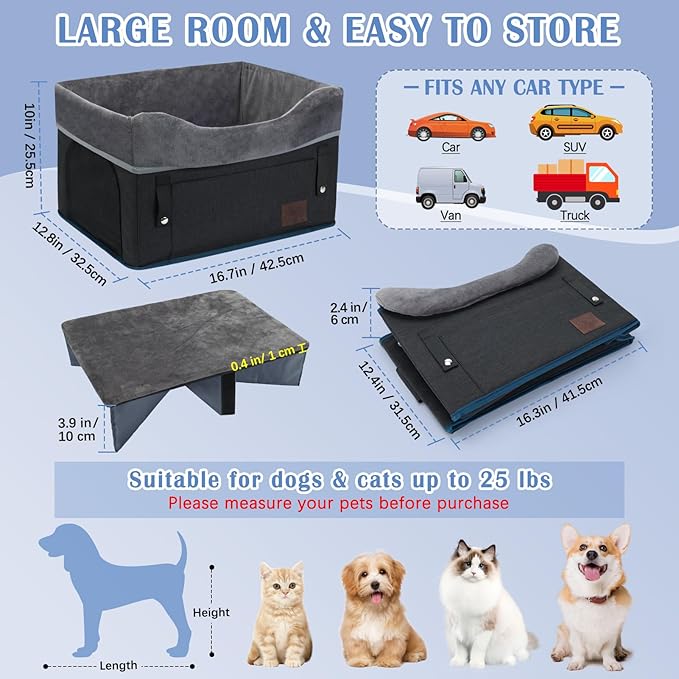 PetsHome Dog Car Seat for Small Dogs, Detachable Washable Dog Booster Car Seat with Storage Pocket, Breathable Mesh, Safety Leash, Adjustable Straps for Small Pets Up to 25lbs-Black