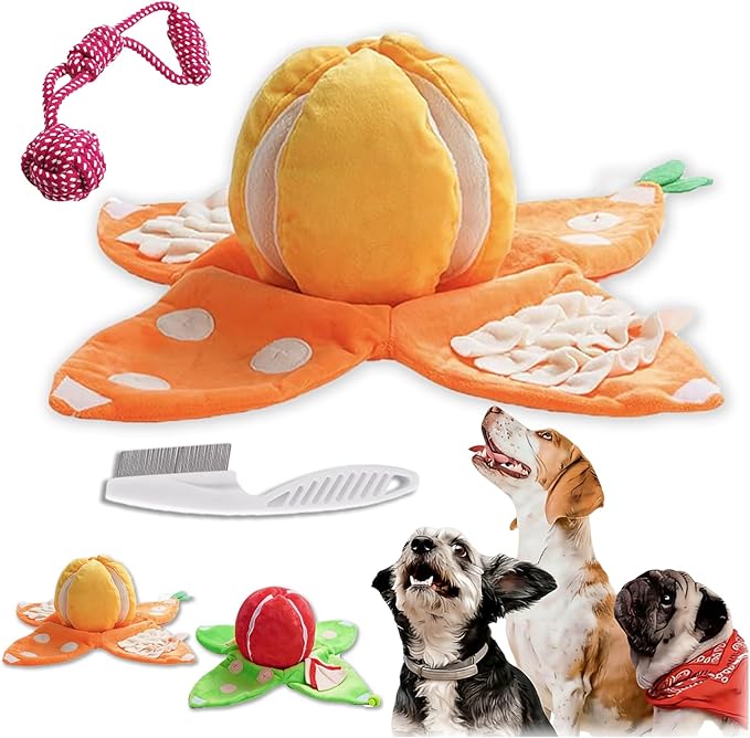 RJDJ Orange Hide-and-Seek Plush Dog Toy, Interactive Squeaky Watermelon Dog Toy with Hidden Pockets, Watermelon Snuffle Toy for Boredom Small Medium Dogs (1PC-A)