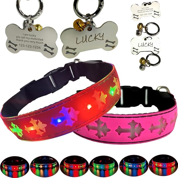 LED Dog Collar with ID Tag Set, Glowing Cross Pattern, Multiple Colors, Silicone Material (Pink Pro, L(15.7-19.7"))