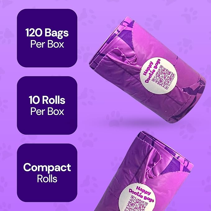 Happy Dootie Bags 10 Rolls.120 Bags with Handles. Clean, Quick and Convenient Pet Dog Poop Cleanup on Walks with Your Furry Friend. Made with Corn Starch. Strong and Leakproof. (Medium Size)