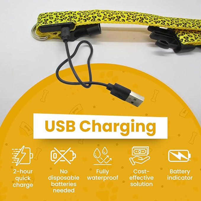 Leopard Dog Collar - Glow in The Dark USB Collar with Rechargeable Battery + Waterproof Design - Light Up Dog Collar - Yellow (Medium Size)