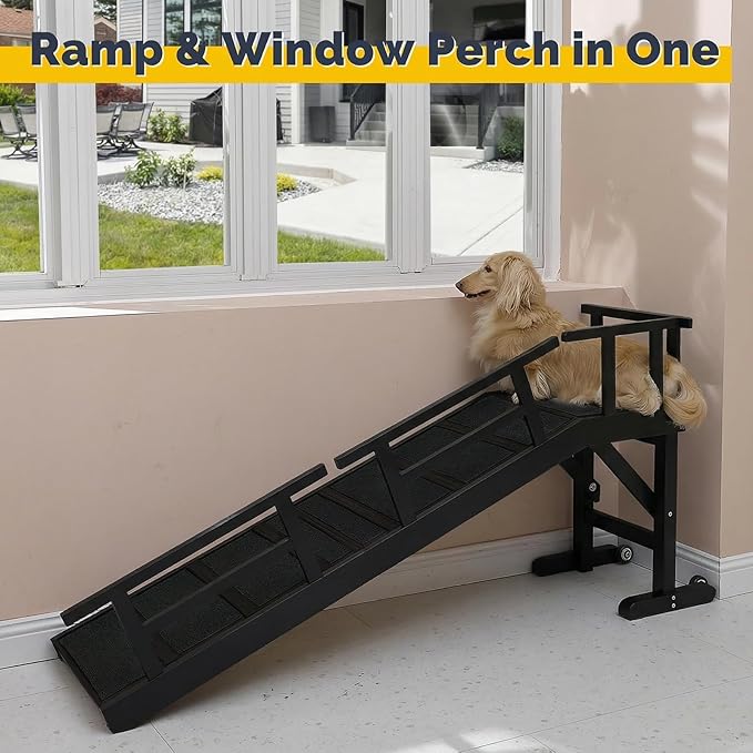 Dog Ramp for Bed or Couch, Wooden Pet Ramp with 20° Gentle Slope, Removable Side Rails, Non-Slip Surface, Top Platform & Wheels, Safe Bed Ramp for Small, Medium & Senior Dogs, 60" Long, Black
