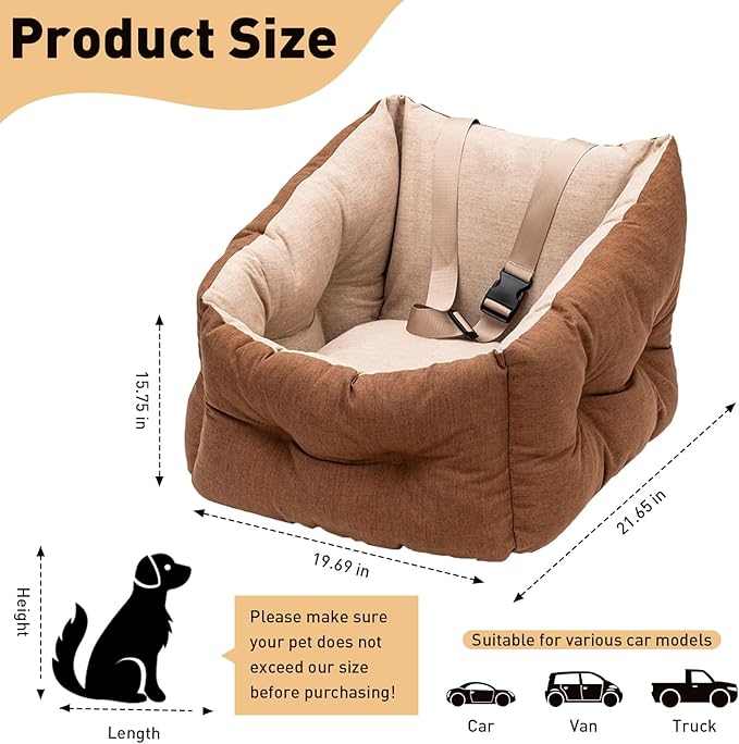 ETIAL Dog Booster Car Seat Medium Sized Dog, Anti-Slip Dog Travel Carrier Bed with Chunky seat and Clip-on Dog Safety Leash, Detachable Washable, Warm Soft Elevated Pet Car Seat Under 30lbs (Brown)