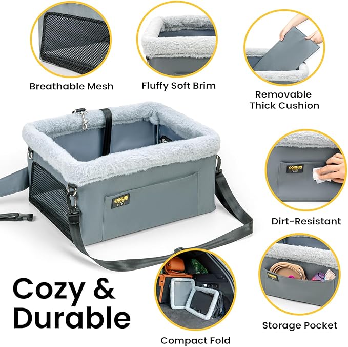 Dog Car Seat Booster for Small Pet Under 20lbs, Portable Travel Puppy Car Seat with Internal Steel Frame, Comfort Cushion & Storage Pockets, Adjustable Straps Fit Most Cars, Grey