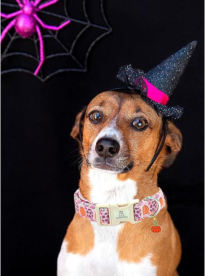Lionheart glory Halloween Dog Collar-Pumpkin Floral Fall Pink Dog Collars with Cute Ghost Pendant Soft Adjustable Collar for Medium Dogs Female Male Collars Party Pet Gift