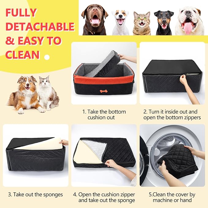 PetsHome Dog Car Seat for Medium Large Dogs, Detachable Washable Dog Booster Seat with Memory Foam Cushion, Side Pockets, 2 Clip-On Safety Leashes Pet Car Seat for Dogs Up to 60 lbs-Black
