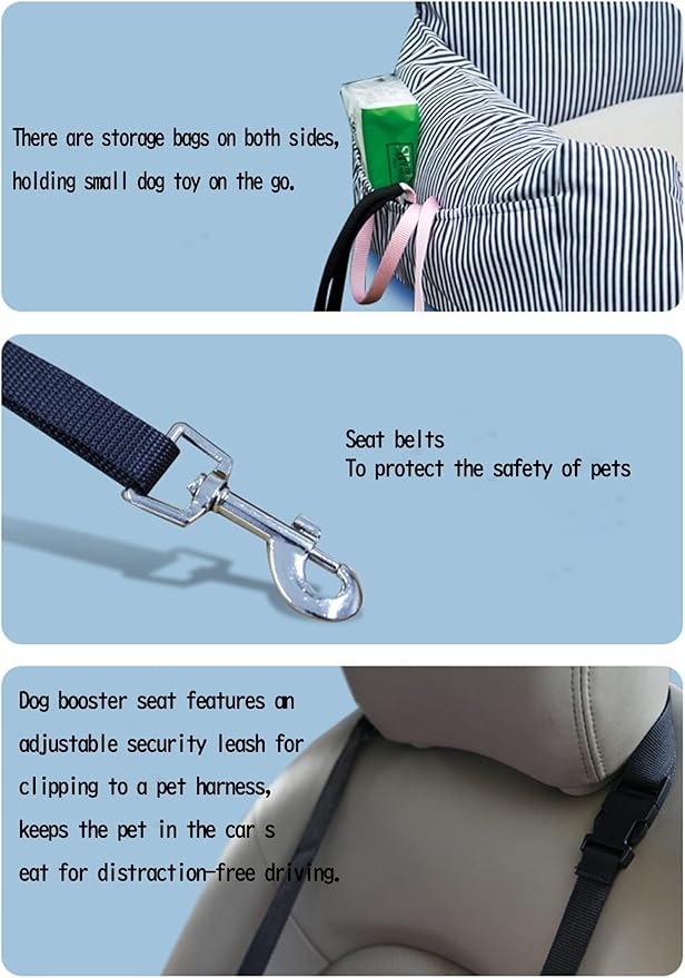 Dog Car Seat, Puppy Dog Booster Seats Fully Detachable and Washable,Bed for Car with Storage Pockets and Clip-On Safety Leash