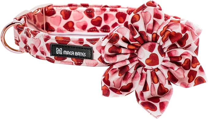 Maca Bates Valentine's Day Dog Collar with Floral Bow for Large Girl Boy Dogs,Red Love Hearts Pattern,Adjustable Durable Soft Valentine Gift for Female Male Puppy