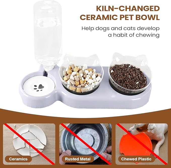 Cat Food Dispenser – Automatic Anti-Tip Feeding Bowl Set, 15 Degree Tilted Dog Feeder for Pets, Practical Feeding Solution for Puppies Kittens Dogs, Easy to Use Stable Design Function, Pet Category To