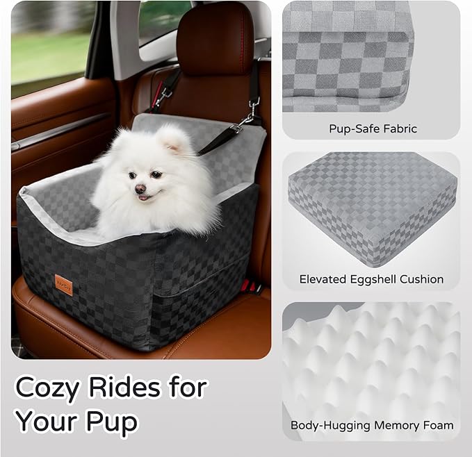 Dog Car Seat for Small Dogs, VibeBay Portable Booster Seat with Memory Foam, 2 Safety Belts, Removable Washable Cover, Storage Pocket & Anti-Anxiety Elevated Design for Medium Dogs Under 35 lbs